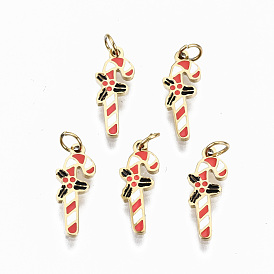 316 Surgical Stainless Steel Enamel Charms, with Jump Rings, Christmas Stick