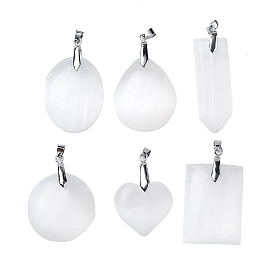 Natural Selenite Pendants, with Platinum Tone Rack Plating Brass Snap on Bails