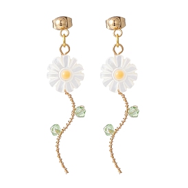 Sunflower Natural Shell Beads Long Dangle Stud Earrings for Her, Wire Wrap Drop Earrings, Golden