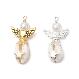 2 шт. 2 цвета подвески-ангелы из натуральной ракушки каури, обмотанные медной проволокой, с крыльями из сплава и синтетическими немагнитными гематитовыми бусинами и имитацией жемчуга из АБС-пластика, золотые