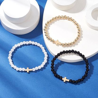 3Pcs 3 Styles CCB Plastic Beads & Opaque Acrylic Beads & ABS Plastic Imitation Pearl Round Beads Stretch Bracelet Set, Cross Jewelry Bracelets for Women Men