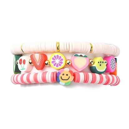 3Pcs 3 Style Polymer Clay Heishi Surfer Stretch Bracelets Set, Flower & Fruit Preppy Bracelets