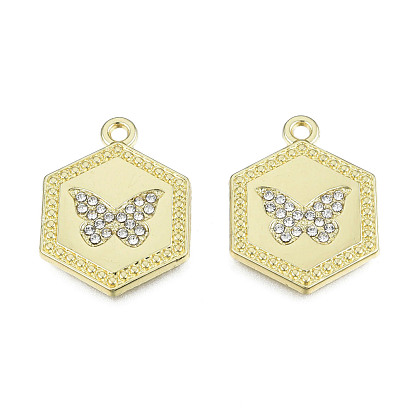 Rack Plating Alloy Pendants, with Crystal Rhinestone, Hexagon with Butterfly, Cadmium Free & Nickel Free & Lead Free