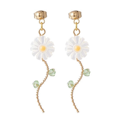 Sunflower Natural Shell Beads Long Dangle Stud Earrings for Her, Wire Wrap Drop Earrings, Golden