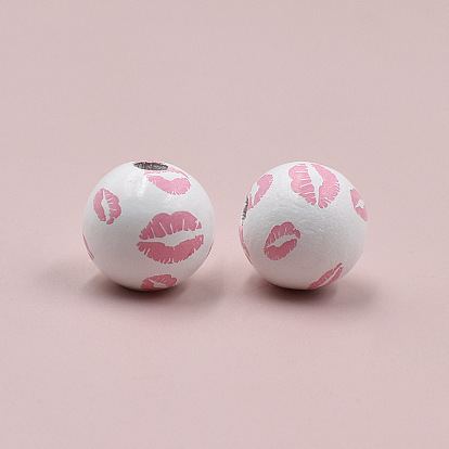 Valentine's Day Wood European Beads, Large Hole Bead, Round with Pink Lip