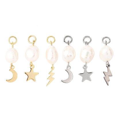 3 шт. 3 стили натуральный культивированный пресноводный жемчуг рис с 304 подвесками из нержавеющей стали в виде луны, звезд и молний, разнообразные, цветочный белый