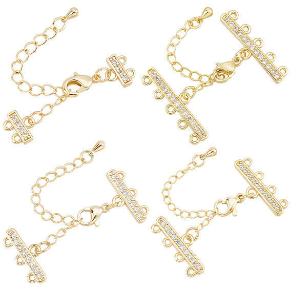 4Pcs 4 Styles Brass Micro Pave Clear Cubic Zirconia Ends with Chains, with Lobster Claw Clasps & Twisted Chain Extension