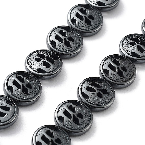 Synthetic Non-Magnetic Hematite Hollow Beads Strands, Flat Round with Tree