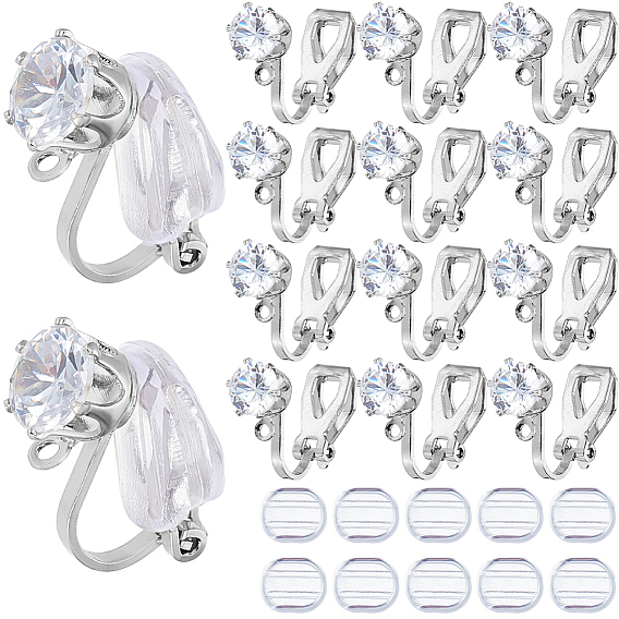 32 латунные серьги-клипсы, с прозрачным фианитом, петлями и силиконовыми клипсами на подушечках.