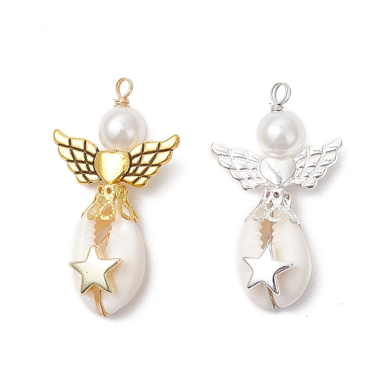 2 шт. 2 цвета подвески-ангелы из натуральной ракушки каури, обмотанные медной проволокой, с крыльями из сплава и синтетическими немагнитными гематитовыми бусинами и имитацией жемчуга из АБС-пластика, золотые