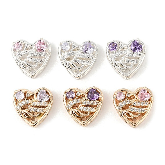 Латунные микро проложить кубического циркония бусы, сердце с лебедем, без свинца и без кадмия, долговечный