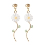 Sunflower Natural Shell Beads Long Dangle Stud Earrings for Her, Wire Wrap Drop Earrings, Golden