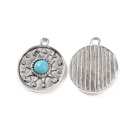 Alloy Pendants, Flat Round Charms, with Synthetic Turquoise