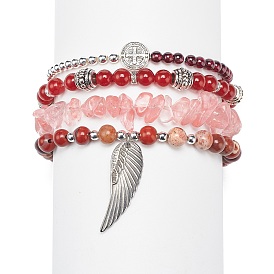 4Pcs 4 Style Natural Mixed Gemstone Beaded Stretch Bracelets Set, Alloy Saint Benedict Medal & Wing Charms Stackable Bracelets for Women