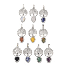 Mixed Gemstone Pendants, with Platinum Tone Alloy Findings, Tree of Life Charms