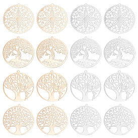 32шт 8 стиль стойка покрытие латунные филигранные подвески, долговечный, плоско-круглые, без никеля , плоская круглая с деревом жизни, ангелом и цветком