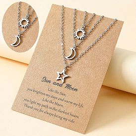 Stainless Steel Hollow Out Sun Moon Star Necklace Set for Couples