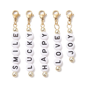 5Pcs 5 Styles Letter Opaque Acrylic Pendant Decorations, Non-magnetic Synthetic Hematite Beads and Lobster Claw Clasps Charms for Bag Ornaments