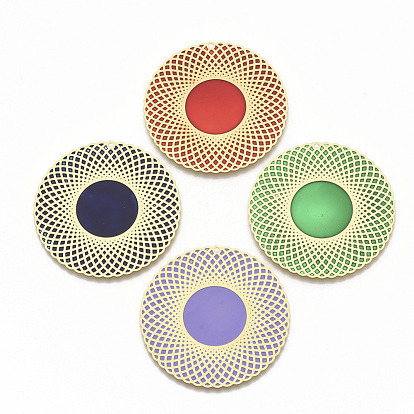 Brass Enamel Pendants, Etched Metal Embellishments, Matte Gold Color, Flat Round