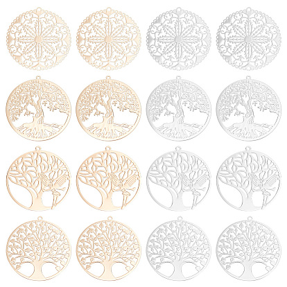 32шт 8 стиль стойка покрытие латунные филигранные подвески, долговечный, плоско-круглые, без никеля , плоская круглая с деревом жизни, ангелом и цветком