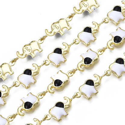 Brass Elephant Link Chains, with Enamel, Unwelded, Real 16K Gold Plated