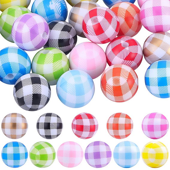 44шт. 11цветные напечатанные непрозрачные акриловые бусины, круглый с тартаном