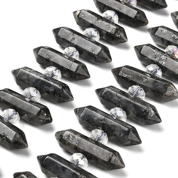 Нити бусин с двойным концом из натурального ларвикита, со стеклянными бусинами, граненый пуля