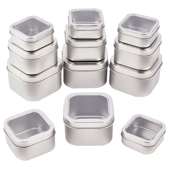 Tinplate Iron Tins, with PVC Claer Window & Slip-on Lid, Storage Box for Candles, Candies, Square