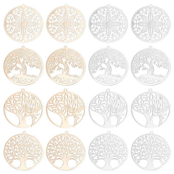 32шт 8 стиль стойка покрытие латунные филигранные подвески, долговечный, плоско-круглые, без никеля , плоская круглая с деревом жизни, ангелом и цветком