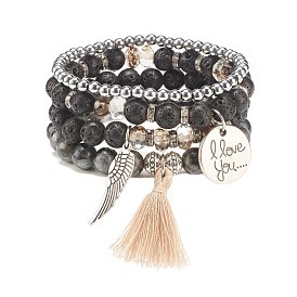 4Pcs 4 Style Natural & Synthetic Mixed Gemstone Beaded Stretch Bracelets Set, Word I Love You & Wings Alloy Charm Bracelets with Cotton Tassel for Women