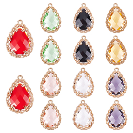 14Pcs 7 Colors Transparent Glass Pendants, for DIY Jewelry Making, with Brass Findings, Faceted, Teardrop, Light Gold