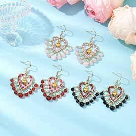 Glass Seed Beads Dangle Earrings, with 304 Stainless Steel Earring Hooks and Natural Mixed Stone, Heart, Golden
