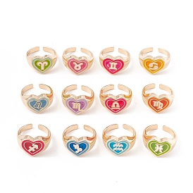 Twelve Constellations Enamel Open Cuff Rings, Light Gold Plated Alloy Heart Rings for Women