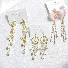 High-grade pearl string vintage earrings women's sweet long tassel earhook 925 silver needle color preservation