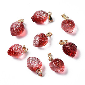 Two Tone Transparent Spray Painted Glass Pendants, with Golden Plated Iron Bails and Gold Foil, Strawberry