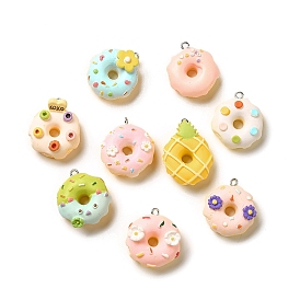 Opaque Resin Imitation Food Pendants, Donut Charms with Platinum Tone Iron Loops