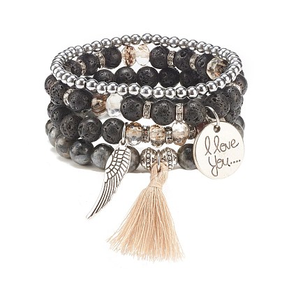 4Pcs 4 Style Natural & Synthetic Mixed Gemstone Beaded Stretch Bracelets Set, Word I Love You & Wings Alloy Charm Bracelets with Cotton Tassel for Women