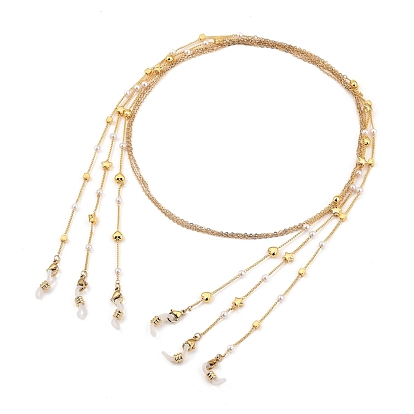 Chaînes de lunettes en laiton, tour de cou pour lunettes, avec perles imitation plastique ccb, 304 fermoirs à pince de homard en acier inoxydable et extrémités en caoutchouc, étoile et coeur et carré