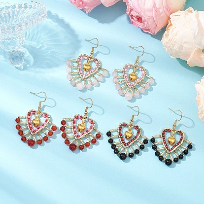 Glass Seed Beads Dangle Earrings, with 304 Stainless Steel Earring Hooks and Natural Mixed Stone, Heart, Golden