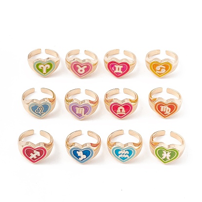 Twelve Constellations Enamel Open Cuff Rings, Light Gold Plated Alloy Heart Rings for Women