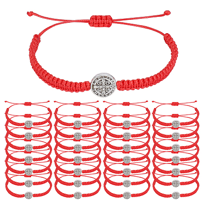 40шт. браслеты из плетеных бусин из сплава, регулируемые плетеные браслеты из вощеного шнура для мужчин и женщин, плоские круглые с святым Бенедиктом, античное серебро