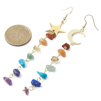 Chakra Theme Natural & Synthetic Mixed Gemstone Chip Beaded Tassel Earrings, Moon & Star Golden Brass Asymmetrical Earrings, Long Dangle Earrings