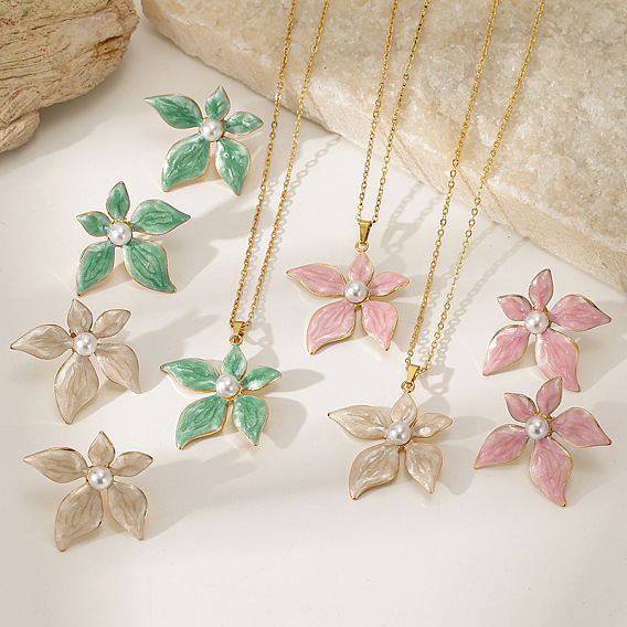 304 aretes esmaltados de acero inoxidable para mujer, flor, con perlas de imitación, dorado
