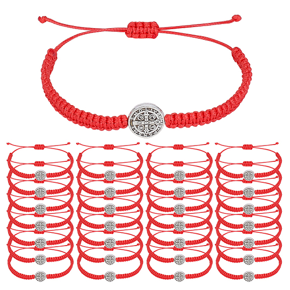 40шт. браслеты из плетеных бусин из сплава, регулируемые плетеные браслеты из вощеного шнура для мужчин и женщин, плоские круглые с святым Бенедиктом, античное серебро