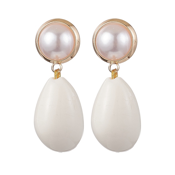 Acrylic Stud Earring, with Brass Stud Earring Findings, with Shell, Teardrop, Golden