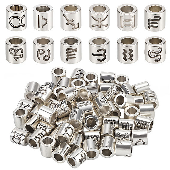 72Pcs 12 Styles Tibetan Style Zinc Alloy European Beads, Large Hole Beads, Column with Constellation