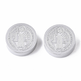 304 Stainless Steel Beads, Flat Round with Saint Benedict Medal