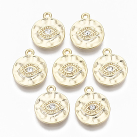 Alloy Pendants, with Crystal Rhinestone, Cadmium Free & Nickel Free & Lead Free, Hammered, Flat Round with Eye