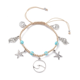 Bracelet de perles tressées en turquoise synthétique, bracelet réglable étoile de mer & coquillage & vague en alliage pour femme