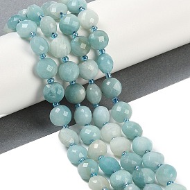 Natural Amazonite Beads Strands, Faceted, Flat Round, with Seed Beads